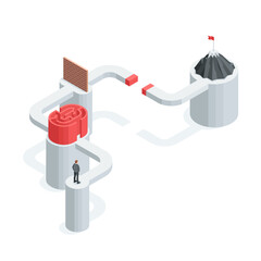 isometric vector business man stands on the path with obstacles to achieve the goal, in color on a white background, a difficult path to the goal