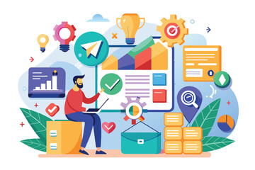 Poster - A man sits in front of a laptop, analyzing business data. Charts and graphs, along with other business icons, surround him.