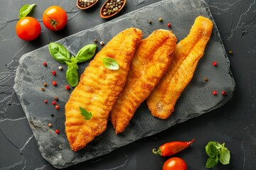 Wall Mural - Tilapia fillets on marble board with black background viewed from above