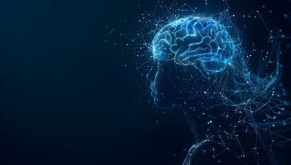 Poster - A human figure with an AI brain, composed of glowing blue lines and dots, set against the deep navy background
