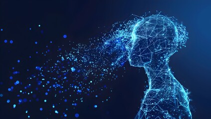 Poster - A human figure with an AI brain, composed of glowing blue lines and dots, set against the deep navy background

