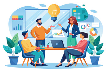 Poster - A diverse business team gathers around a table in a modern office, presenting data and ideas. The room features bright colors, plants, and a large whiteboard with charts and graphs.