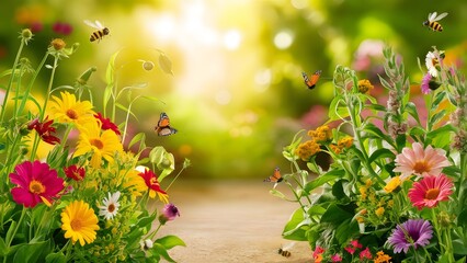 A vibrant background lush summer garden filled with colorful flowers and greenery a softly lit path, buzzing bees, and butterflies fluttering among the plants peace and the blooming beauty of summer