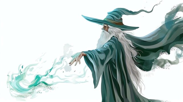A wizard in a green robe and hat is casting a spell. He is surrounded by a green mist.