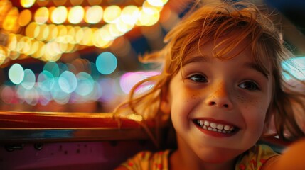 Sticker - A smiling little girl gazes up at the ferris wheel with wonder, her nose twitching with excitement. Cheeks flushed with joy, eyelashes fluttering. The carnival is a fun event full of entertainment