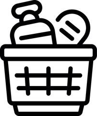 Poster - Simple line icon of a shopping basket containing shampoo and a hairbrush, representing the concept of self care and personal hygiene