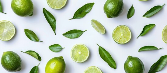 Wall Mural - Lime fruits with slices and green leaves on a white background, captured from above in a flat lay composition.