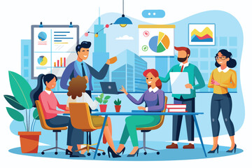 Poster - A group of diverse professionals, both male and female, are engaged in a meeting. They are seated around a table and discussing ideas, while one team member presents information on a whiteboard.