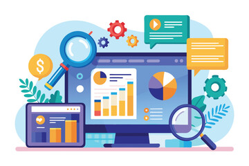Poster - A colorful illustration depicting a desktop computer displaying data analytics charts and graphs with magnifying glasses, gears, and a speech bubble with a dollar sign.