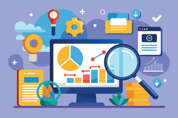 Poster - An illustration depicting a desktop computer screen displaying various business data graphs and charts, with a magnifying glass magnifying a bar chart.