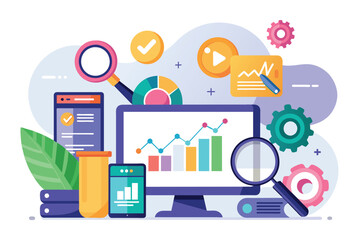 Poster - This illustration depicts a colorful and modern representation of digital marketing analytics and growth, featuring a computer screen with a rising line graph, magnifying glasses