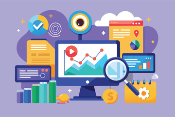 Poster - Illustration of a digital marketing strategy and analysis plan, featuring a computer, graphs, charts, and icons.