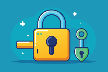 Poster - An illustration of a yellow padlock and key on a blue background.