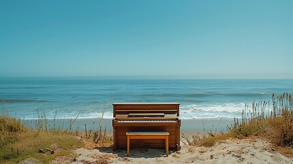 Wall Mural - Beach piano on the shore of the pacific ocean summer