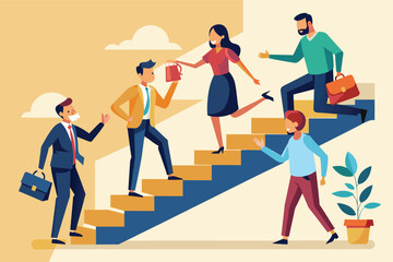 Poster - An illustration of five business people climbing a staircase, symbolizing growth and career progression.
