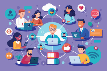 Poster - a colorful illustration depicting a diverse group of people using laptops and cloud-based technology