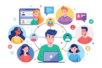Poster - An illustration of a man using a laptop to connect with various team members online.