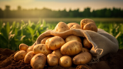 Wall Mural - Harvested potatoes in sack on the background of a potato field.
