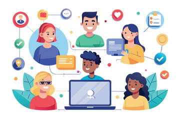 Poster - A digital illustration showcasing a diverse group of people working together online, connected by a network of icons and lines, representing teamwork and collaboration in a virtual setting.