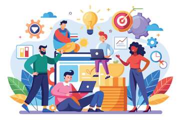 Poster - A diverse team of professionals collaborate on a website development project, using laptops and engaging in strategic discussions.
