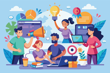 Poster - A diverse team of four individuals collaborates on a creative project, brainstorming ideas and developing digital marketing strategies.