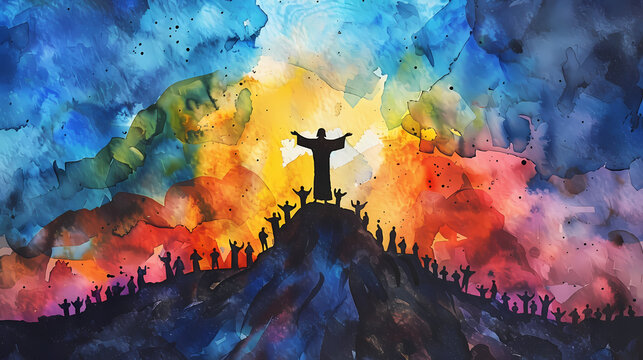 Silhouette of Jesus standing on top of a mountain with colorful sky