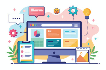 Poster - A colorful illustration depicting various elements of web design and development, including a computer monitor with a website layout, a smartphone, a checklist, gears, a lightbulb, and speech bubbles.
