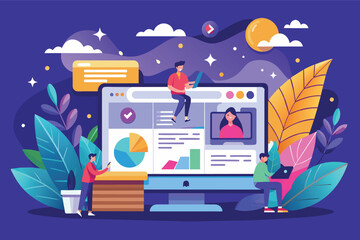 Poster - Illustration of people working on a website design project, including a large desktop computer with data charts and graphics displayed.