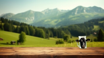 Wall Mural - Wooden table with milk bottle placed foreground with alpine meadow and cows with mountain backdrop. Rural life and eco-tourism. Cow walking and eating grass at animal farm with green mountain. AIG35.