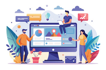 Poster - A team of three people work together to analyze website data, using a large computer monitor displaying charts and graphs.