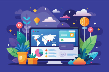 Poster - A vibrant illustration showcasing global business analytics and growth represented by a desktop computer with a map of the world, charts, and other data visualizations.