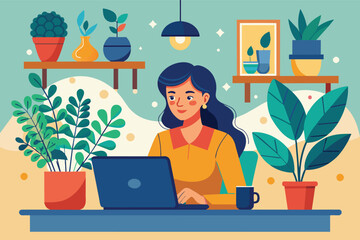 Poster - A woman with long dark hair sits at a desk working on her laptop. She has a cup of coffee next to her and there are plants around the room.