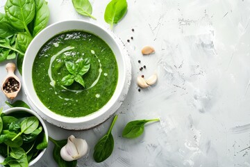 Sticker - Top view of bowl of creamed spinach soup on white tabletop