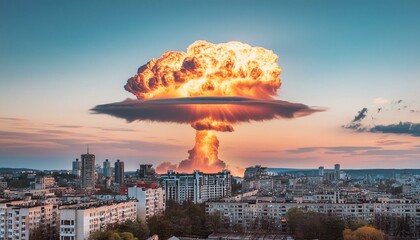 Wall Mural - big nuclear explosion mushroom cloud effect over city skyline for apocalyptical aftermath of nuclear