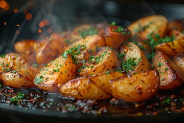 Close-Up of Roasted Potatoes with Fresh Herbs in Pan