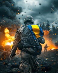 Ukrainian Soldier Walking Through Battlefield with Flag. Generative ai