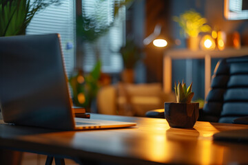 Poster - A laptop is on a desk with a potted plant next to it