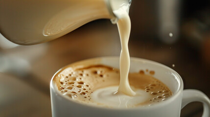 wide horizontal closeup photo of milk pouring to a white color coffee cup with splash