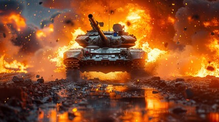 Tank Advancing Through Fiery Battlefield. Generative ai