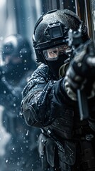 Wall Mural - Tactical Soldiers in Snowy Urban Operation. Generative ai