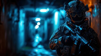 Wall Mural - Special Forces Soldier in Tactical Gear Aiming in Low Light. Generative ai