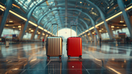 Two suitcases are placed next to each other in a large airport terminal