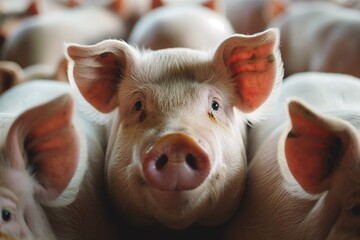 Wall Mural - A close-up photo of pigs in a barn, focusing on their expressive eyes and soft pink skin. The background is blurred to highlight the pigs. 