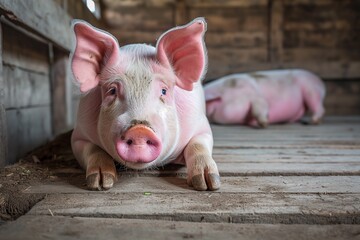 Wall Mural - A close-up photo of pigs in a barn, focusing on their expressive eyes and soft pink skin. The background is blurred to highlight the pigs. 