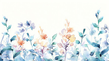 minimalist wildflower watercolor painting, eadow with ixed flowers Illustration on white background