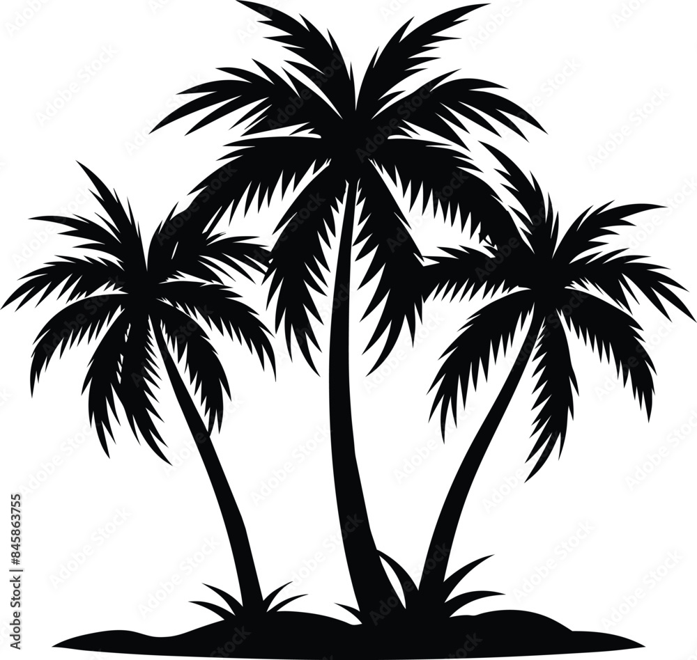 Silhouette of Three Palm Trees on Island Vector Illustration - Tropical ...