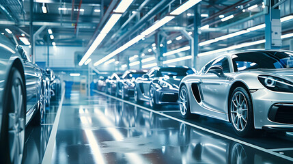 Wall Mural - Modern Automotive Factory with Rows of Luxury Cars. Manufacturing, Technology, and Innovation Concept.