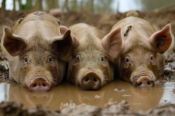 Wall Mural - A close-up photo of large pigs wallowing in the mud, focusing on their expressive eyes and soft pink skin. The background is blurred to highlight the pigs. 