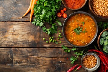 Traditional Turkish or Arabic red lentil soup with vegetables top view on wooden background Vegan and healthy