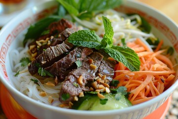 Wall Mural - Traditional Vietnamese noodle salad with beef herbs pickled veggies and fish sauce